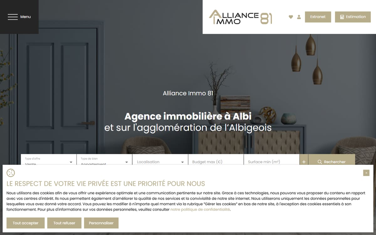Capture de la page d’accueil du site officiel de Agence immobilière à Albi - Alliance Immo 81