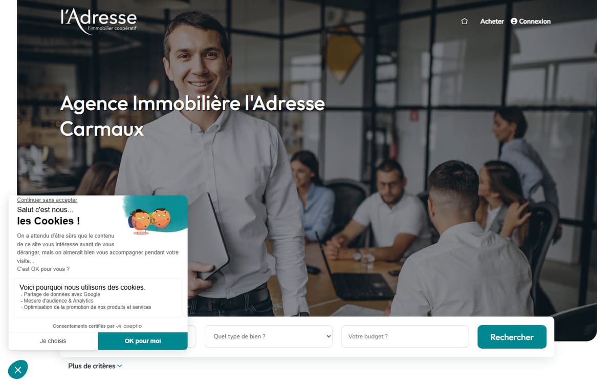 Capture de la page d’accueil du site officiel de Agence immobilière l'Adresse Carmaux