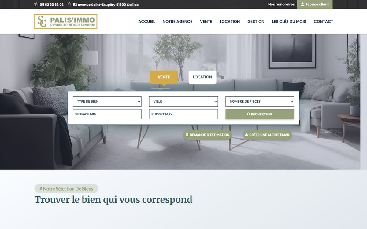 Capture de la page d’accueil du site officiel de Agence immobilière PALIS'IMMO GAILLAC