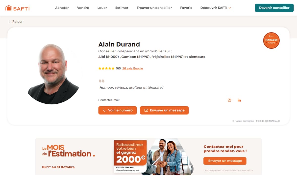 Capture de la page d’accueil du site officiel de Alain Durand Safti Immoblier Albi