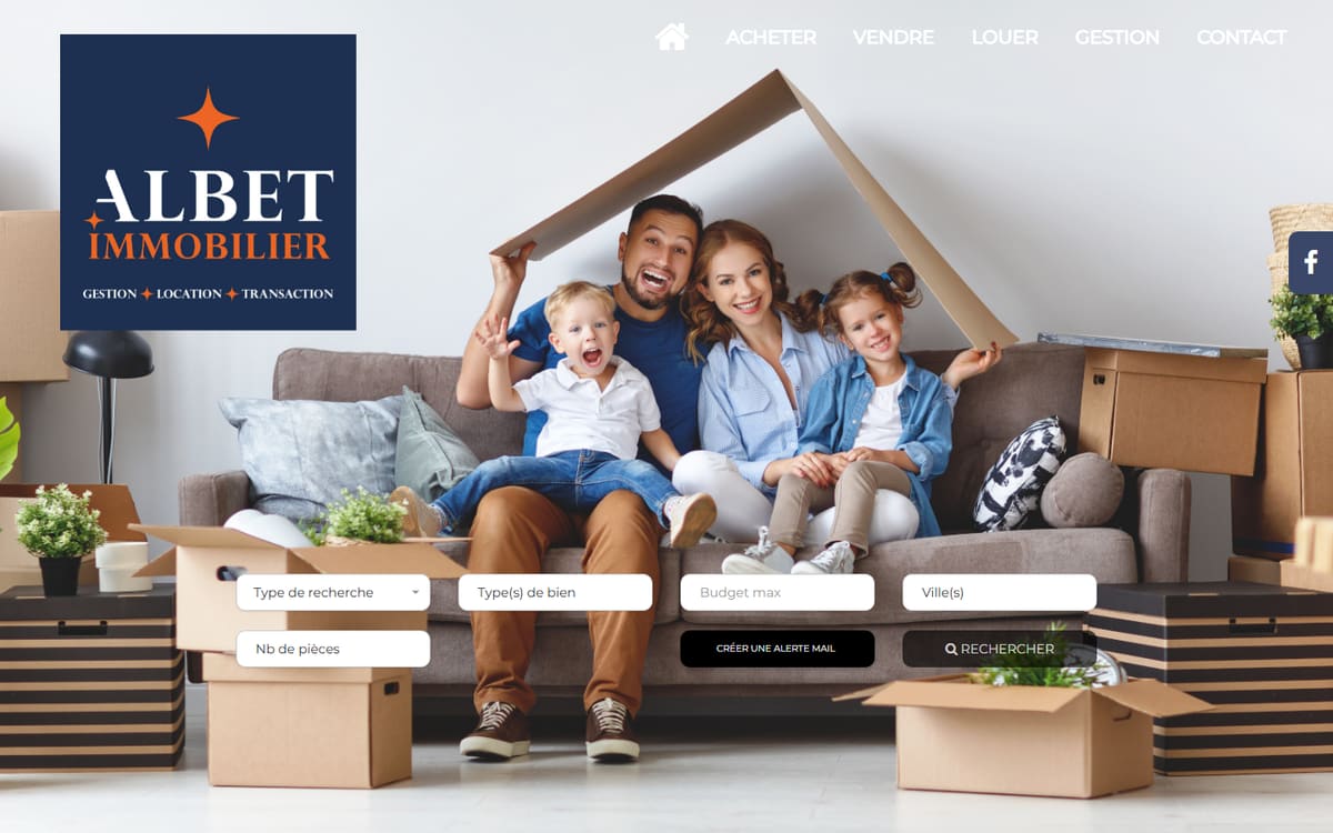 Capture de la page d’accueil du site officiel de Albet Immobilier