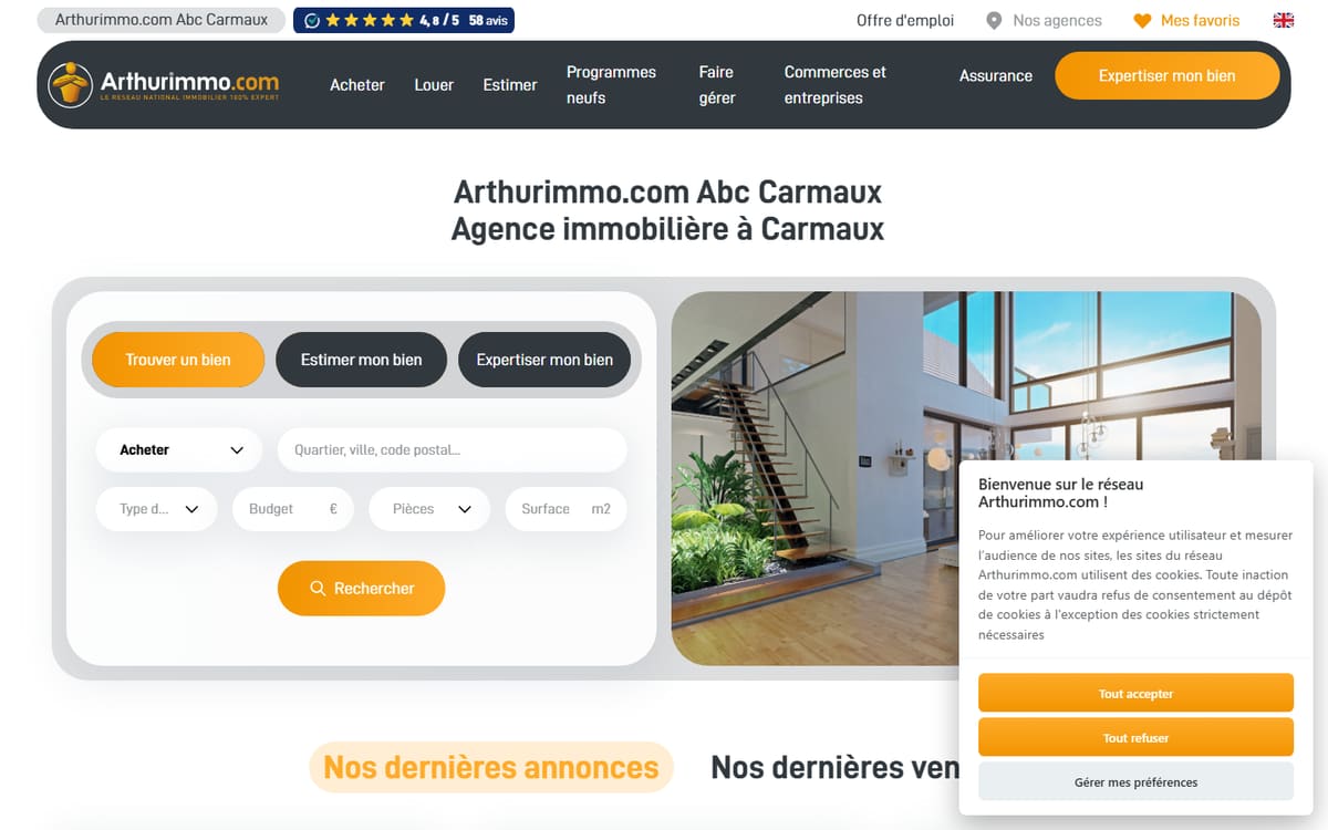 Capture de la page d’accueil du site officiel de Arthurimmo.com ABC Immobilier CARMAUX