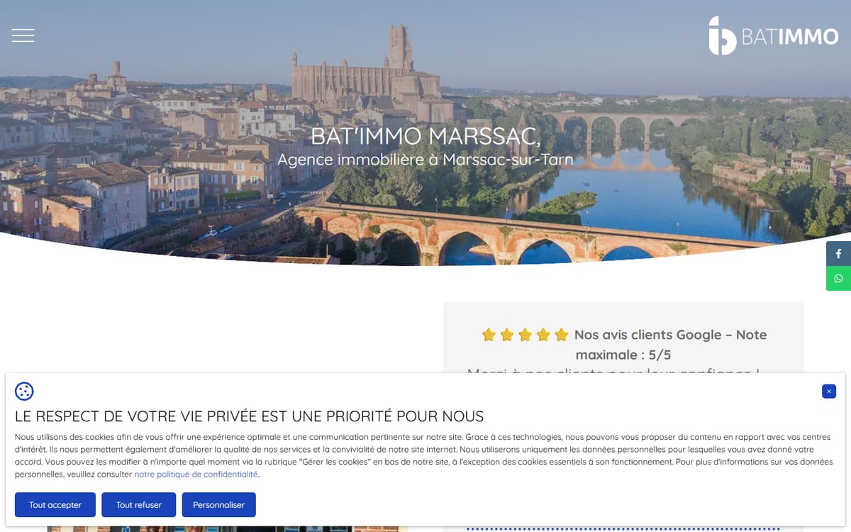 Capture de la page d’accueil du site officiel de Batimmo Marssac - Corbières Immobilier