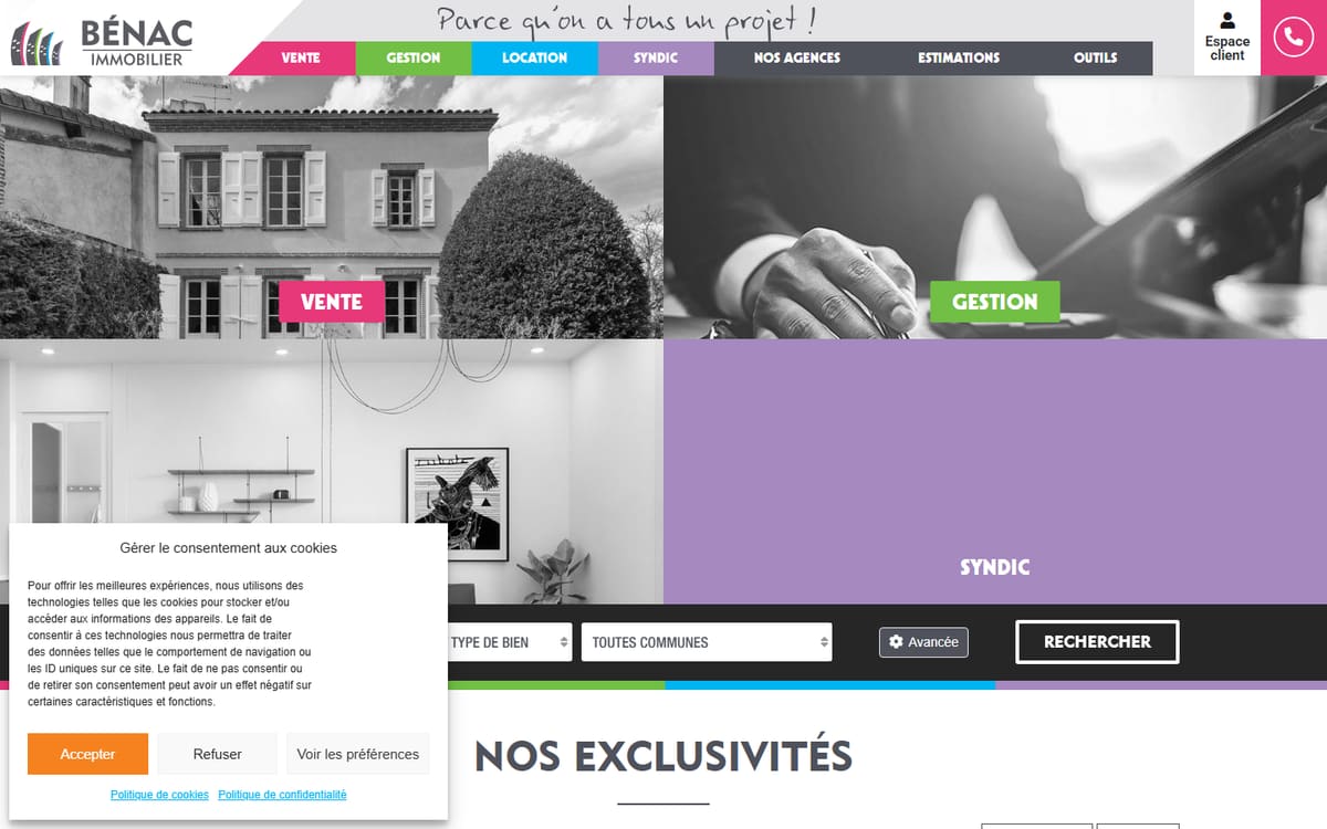 Capture de la page d’accueil du site officiel de BENAC Immobilier - Albi