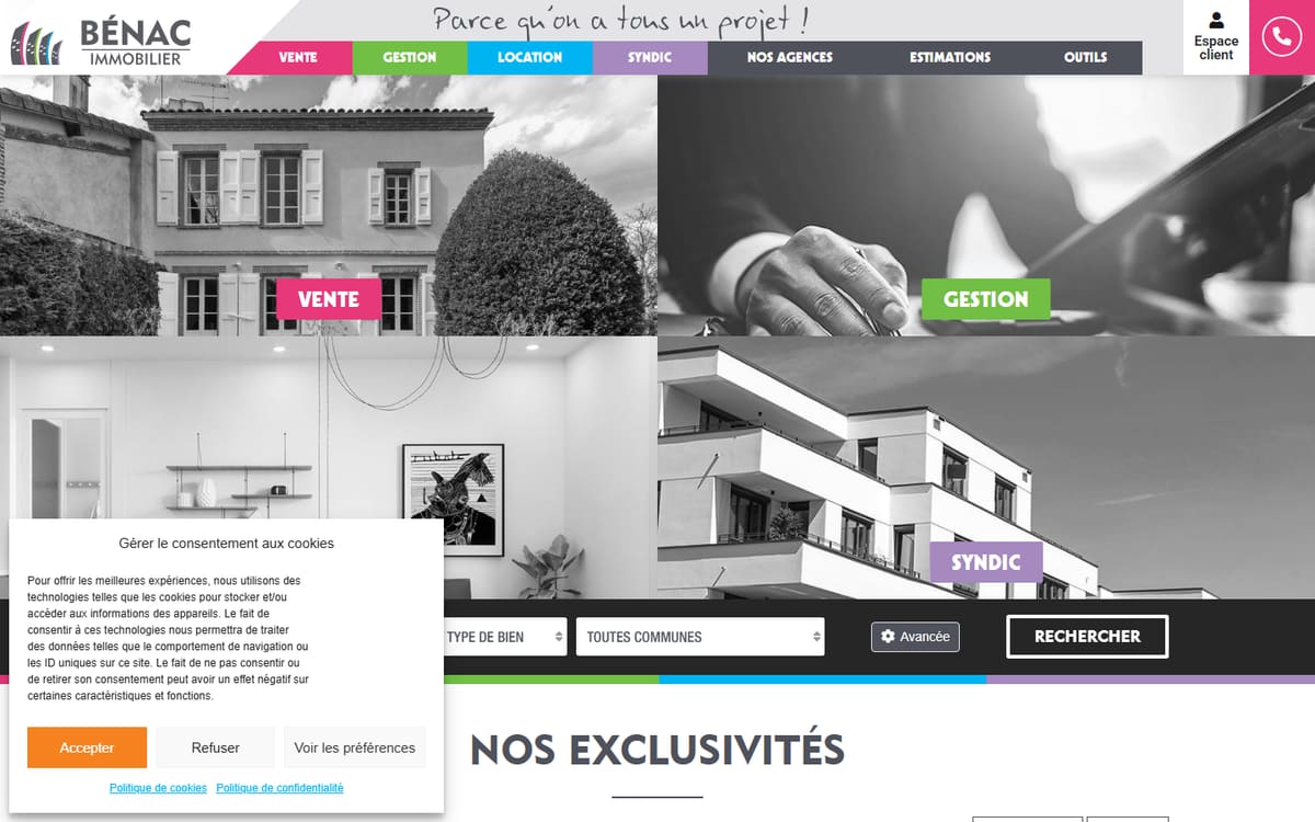 Capture de la page d’accueil du site officiel de BENAC Immobilier - Gaillac