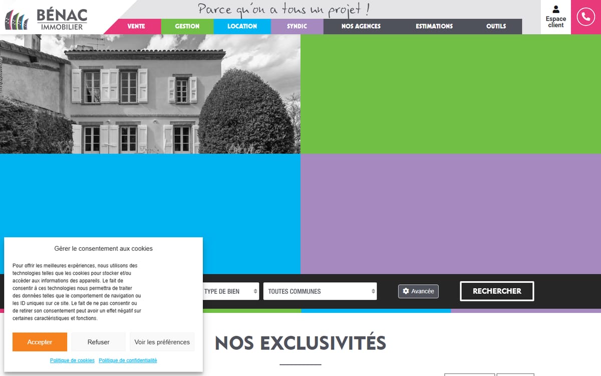 Capture de la page d’accueil du site officiel de BENAC Immobilier - Réalmont