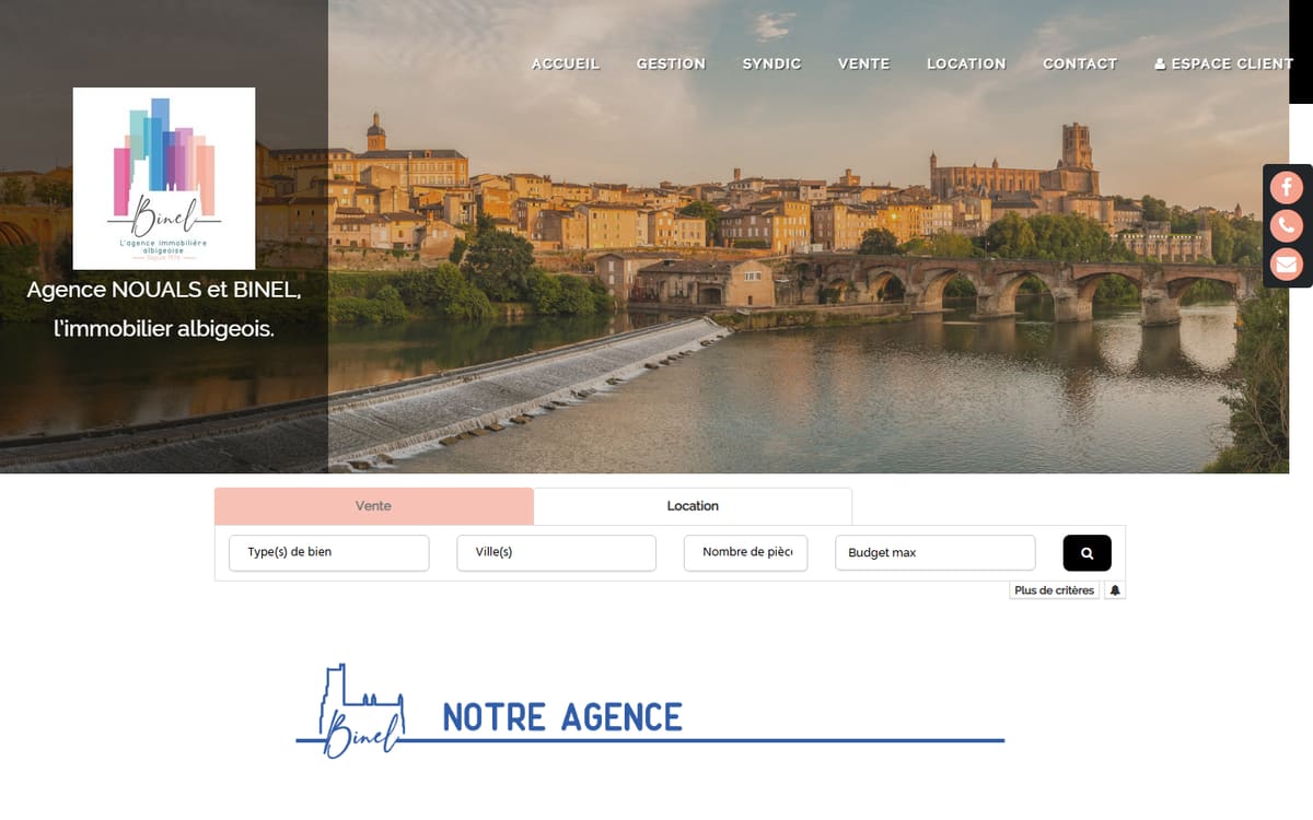 Capture de la page d’accueil du site officiel de BINEL IMMOBILIER