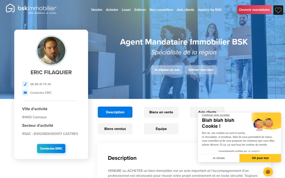 Capture de la page d’accueil du site officiel de BSK immobilier : Eric FILAQUIER