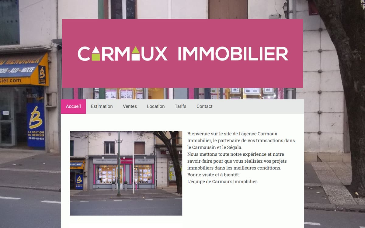 Capture de la page d’accueil du site officiel de Carmaux Immobilier