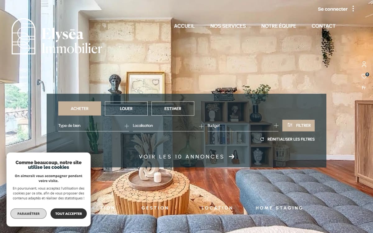 Capture de la page d’accueil du site officiel de Elysēa Immobilier