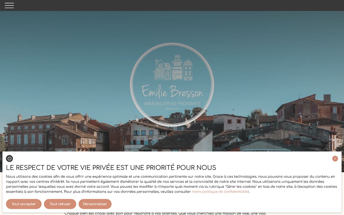 Capture de la page d’accueil du site officiel de EMILIE BRESSON IMMOBLIER