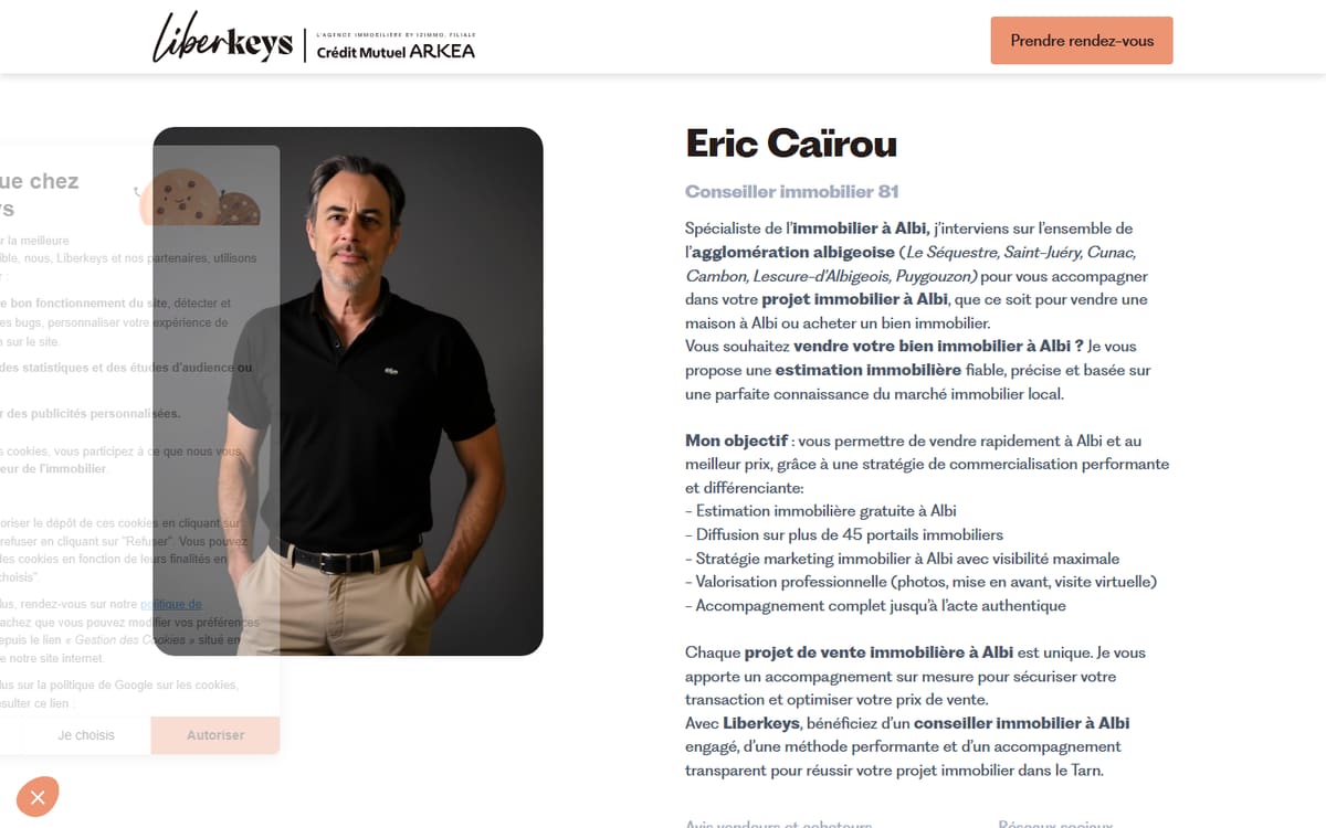 Capture de la page d’accueil du site officiel de Eric Caïrou Liberkeys Immobilier axe Albi Toulouse