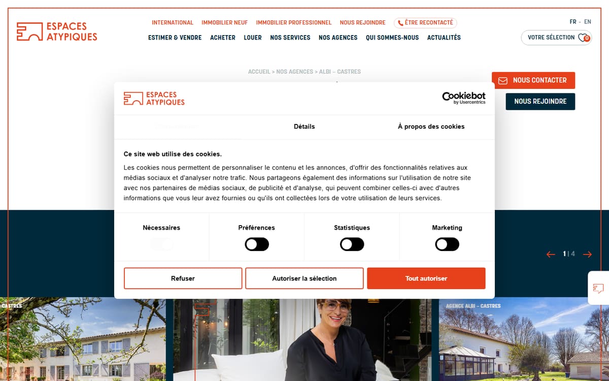 Capture de la page d’accueil du site officiel de Espaces Atypiques Albi - Castres – Agence immobilière