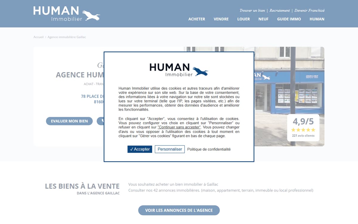 Capture de la page d’accueil du site officiel de Human Immobilier Gaillac