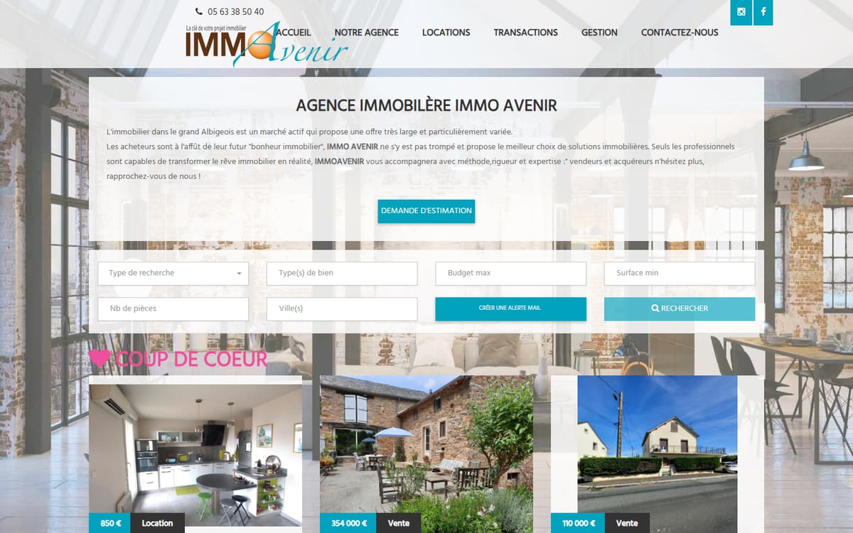 Capture de la page d’accueil du site officiel de Immo Avenir