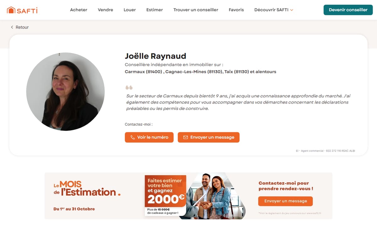 Capture de la page d’accueil du site officiel de Joelle Raynaud conseillère en immobilier SAFTI Carmaux