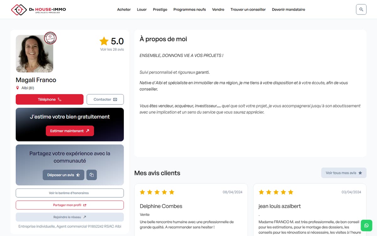 Capture de la page d’accueil du site officiel de Magali FRANCO DrHouse Immo
