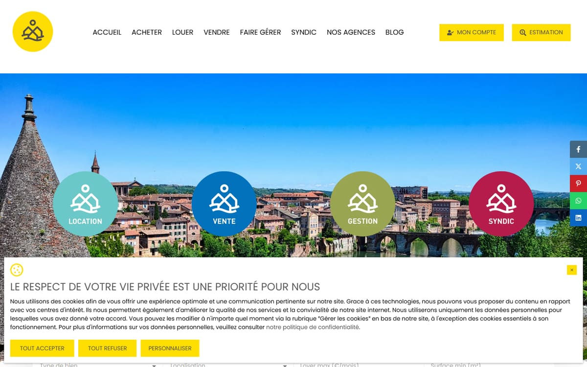 Capture de la page d’accueil du site officiel de Midi Immobilier