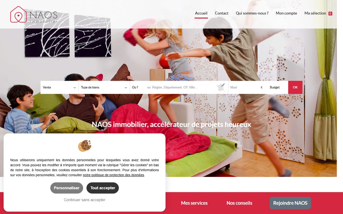 Capture de la page d’accueil du site officiel de Nicolas CAULLE Naos immobilier