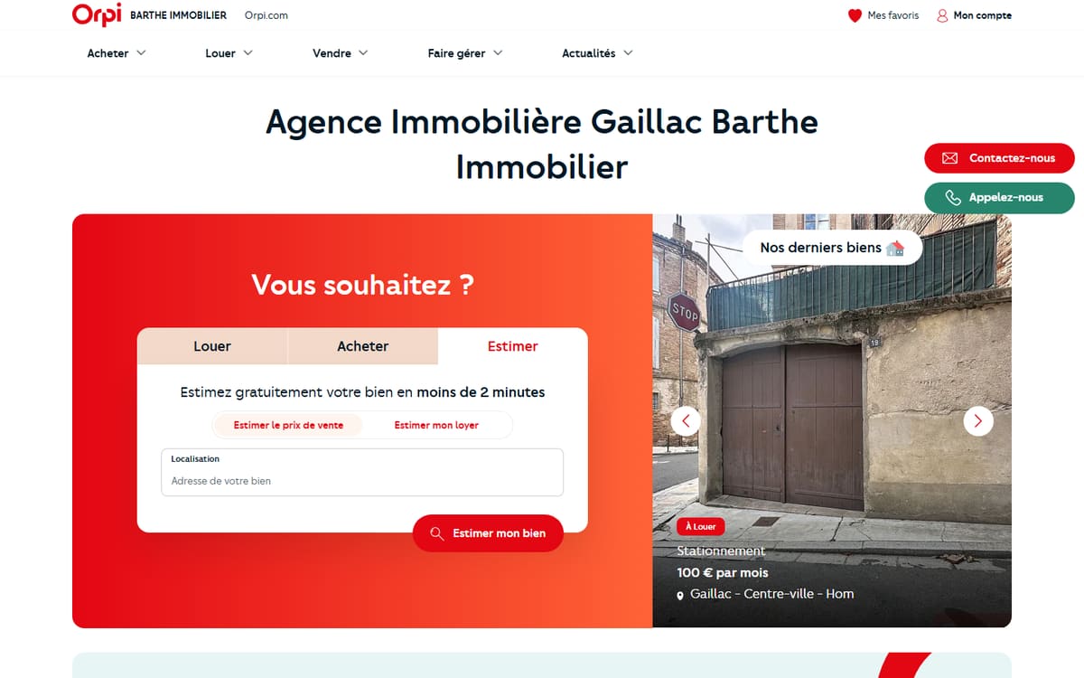 Capture de la page d’accueil du site officiel de Orpi Barthe Immobilier Gaillac