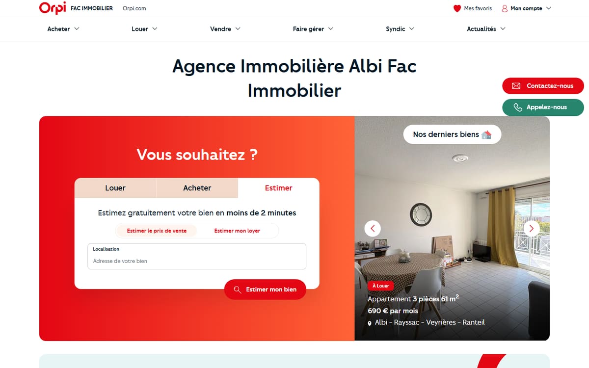 Capture de la page d’accueil du site officiel de ORPI Fac Immobilier