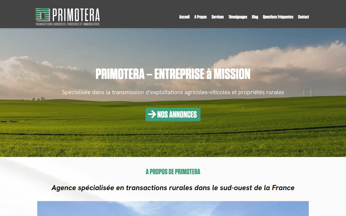 Capture de la page d’accueil du site officiel de Primotera - Transactions Agricoles et Foncières