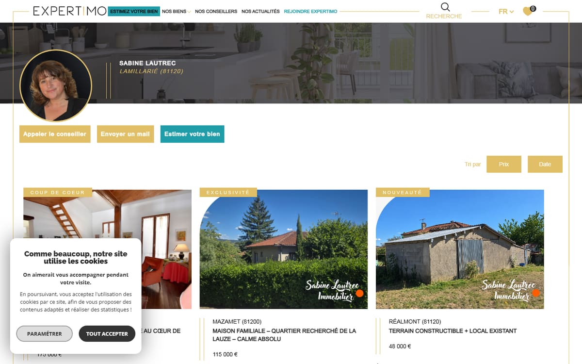 Capture de la page d’accueil du site officiel de Sabine LAUTREC Immobilier Réalmont