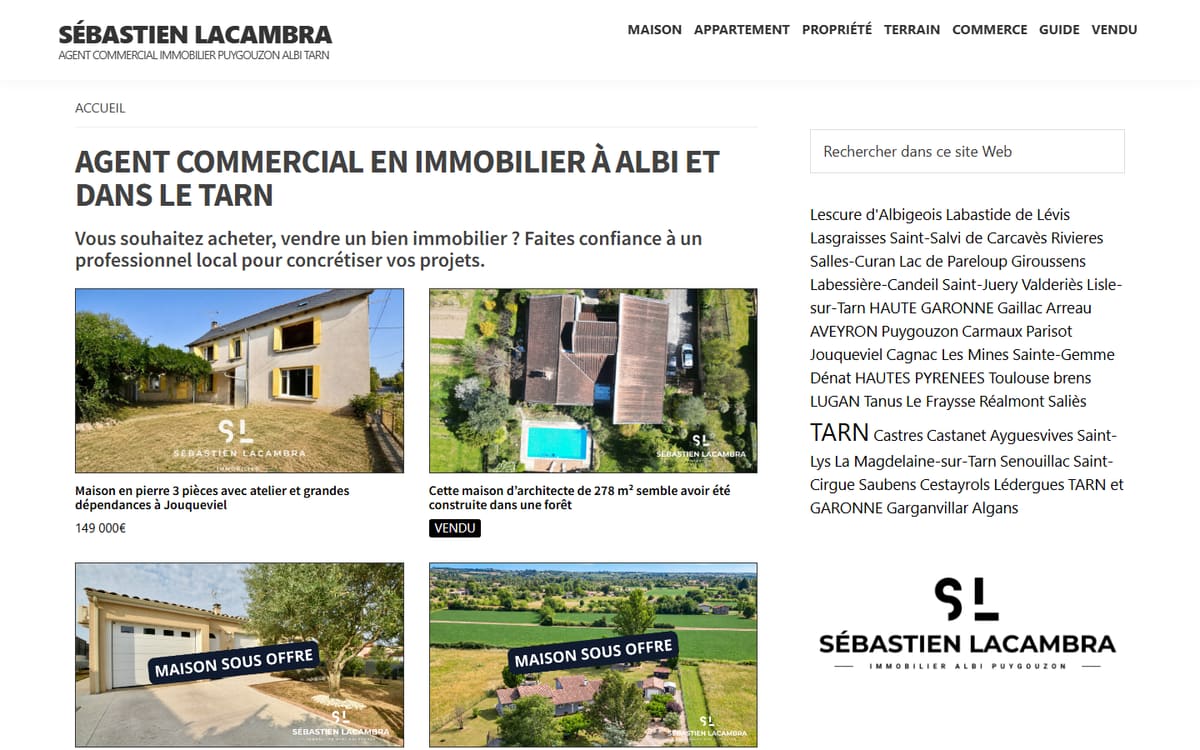 Capture de la page d’accueil du site officiel de Sébastien Lacambra Agence Immobilière Indépendant ALBI PUYGOUZON TARN