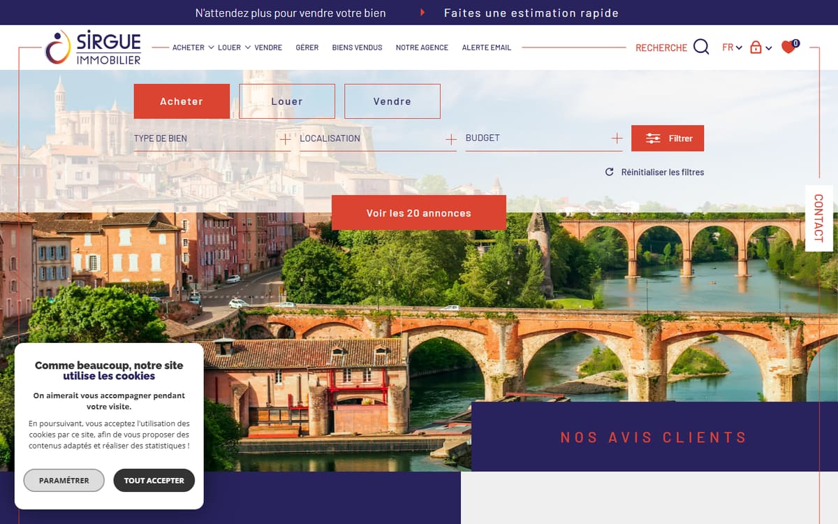 Capture de la page d’accueil du site officiel de Sirgue Immobilier