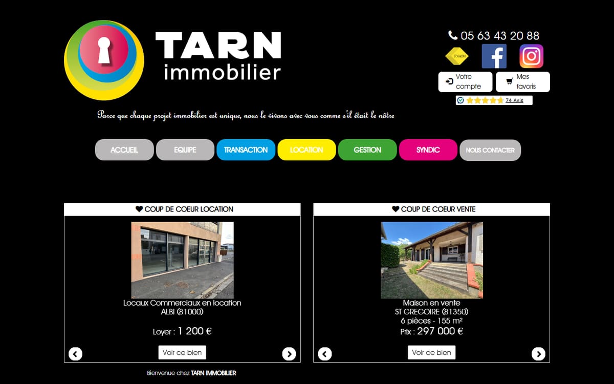 Capture de la page d’accueil du site officiel de Tarn Immobilier Sarl